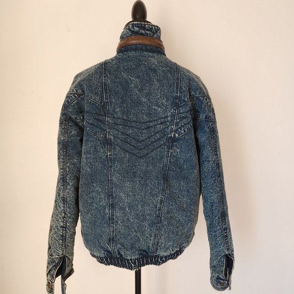 Vintage Eagle's Ridge Acid Denim Faux Leather Trim Bomber Jacket Quilt-Lining - Picture 6 of 12